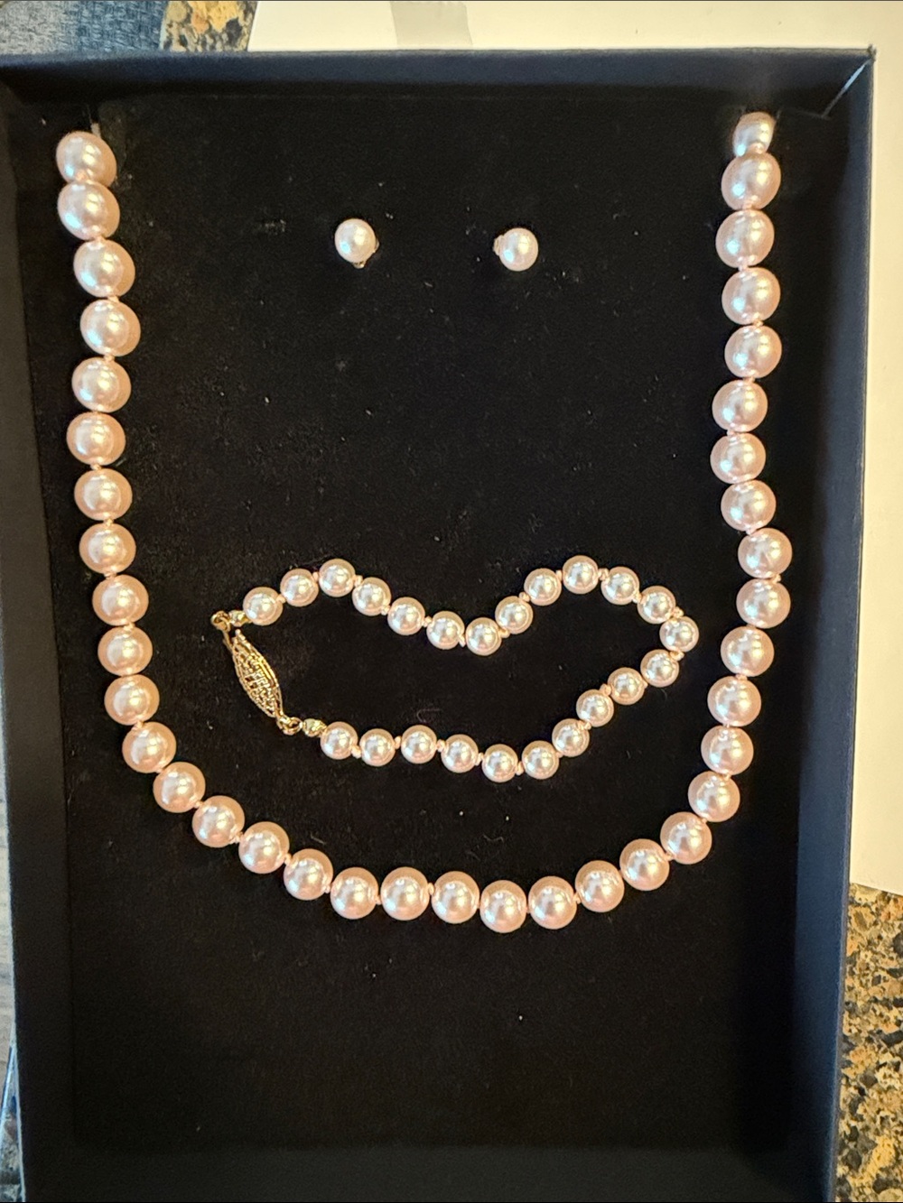 Vintage/ Classic Pink Pearl Jewelry Set - Necklace, Bracelet & 14k gold Earrings